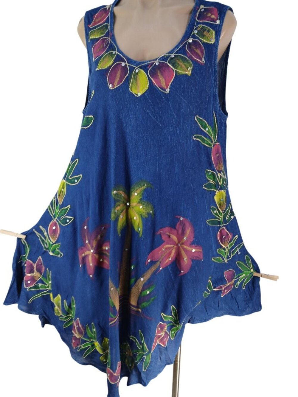 Riviera Sun Blue Hand Painted Floral Sleeveless Dress Size 2X Sequins Beachy - Picture 11 of 11